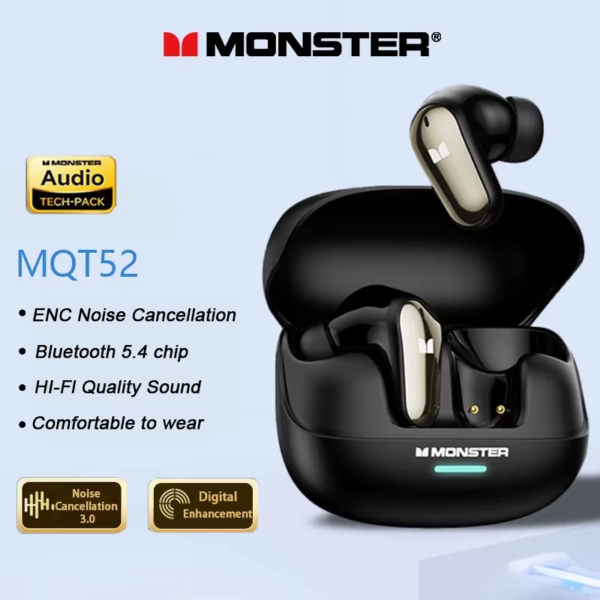 New Monster MQT52 TWS Wireless Gaming Headset Bluetooth 5.4 HIFI Stereo Music Earphones Talking Noise Canceling Earbuds