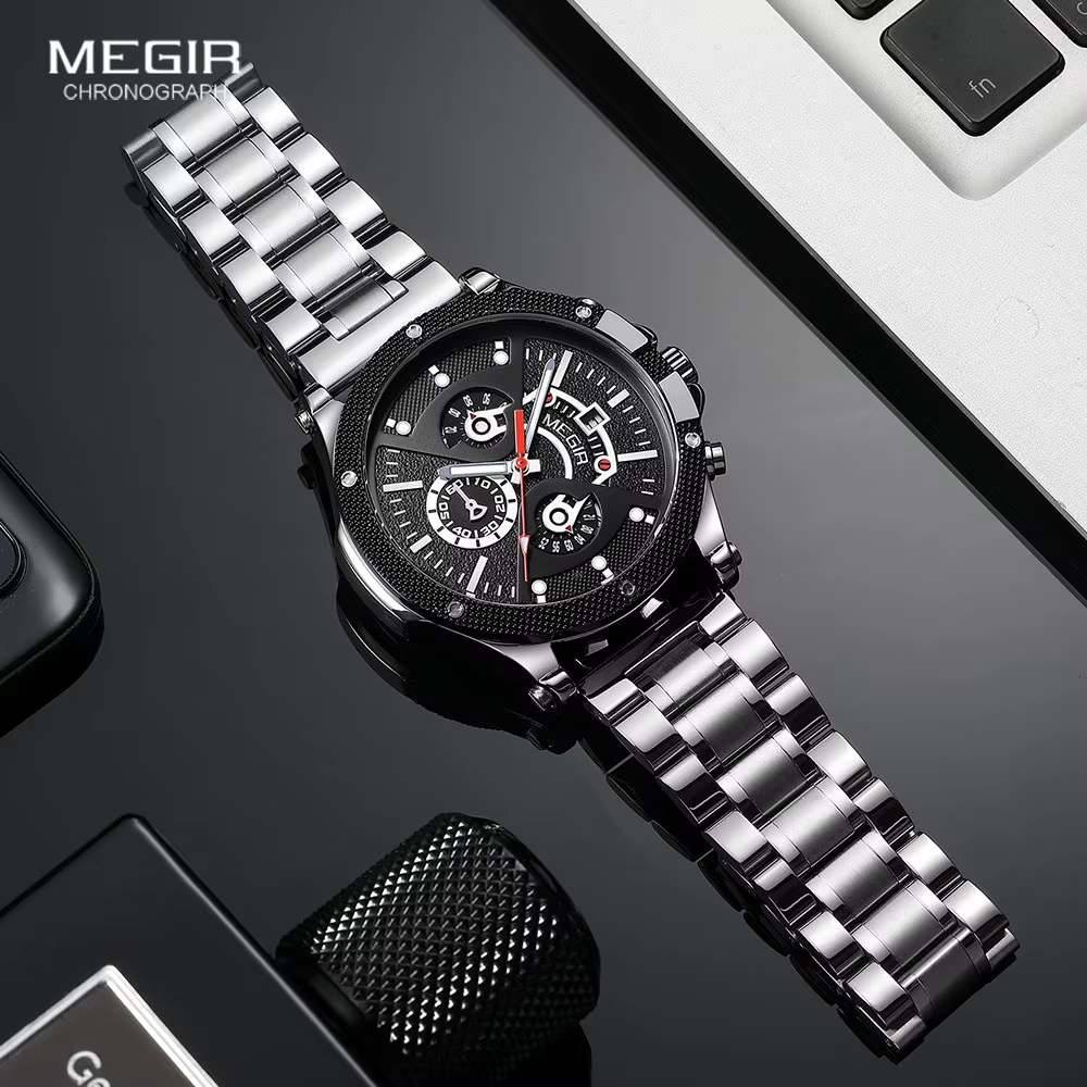 MEGIR Silver Black Watch Men Stainless Steel Analog Quartz Wristwatch with Chronograph Auto Date Spare Silicone Band Gift 2216