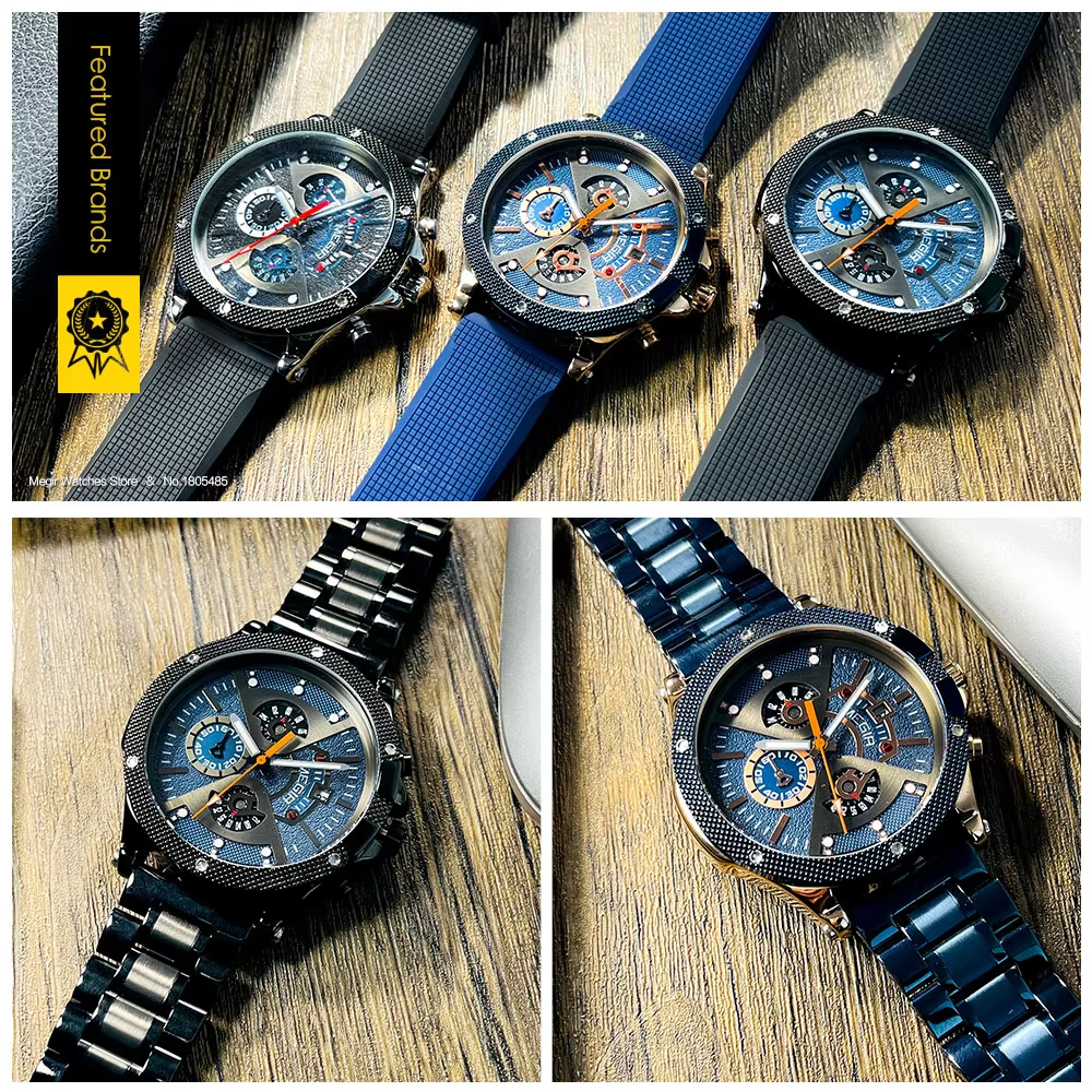 MEGIR Silver Black Watch Men Stainless Steel Analog Quartz Wristwatch with Chronograph Auto Date Spare Silicone Band Gift 2216