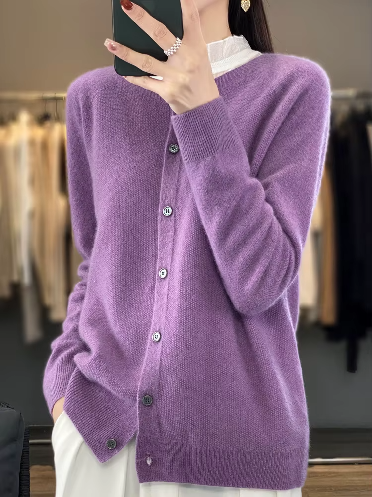 Fashion Women 100% Merino Wool Cardigans Autumn Winter O-neck Long Sleeve Knitwear Female Basic Clothing Tops