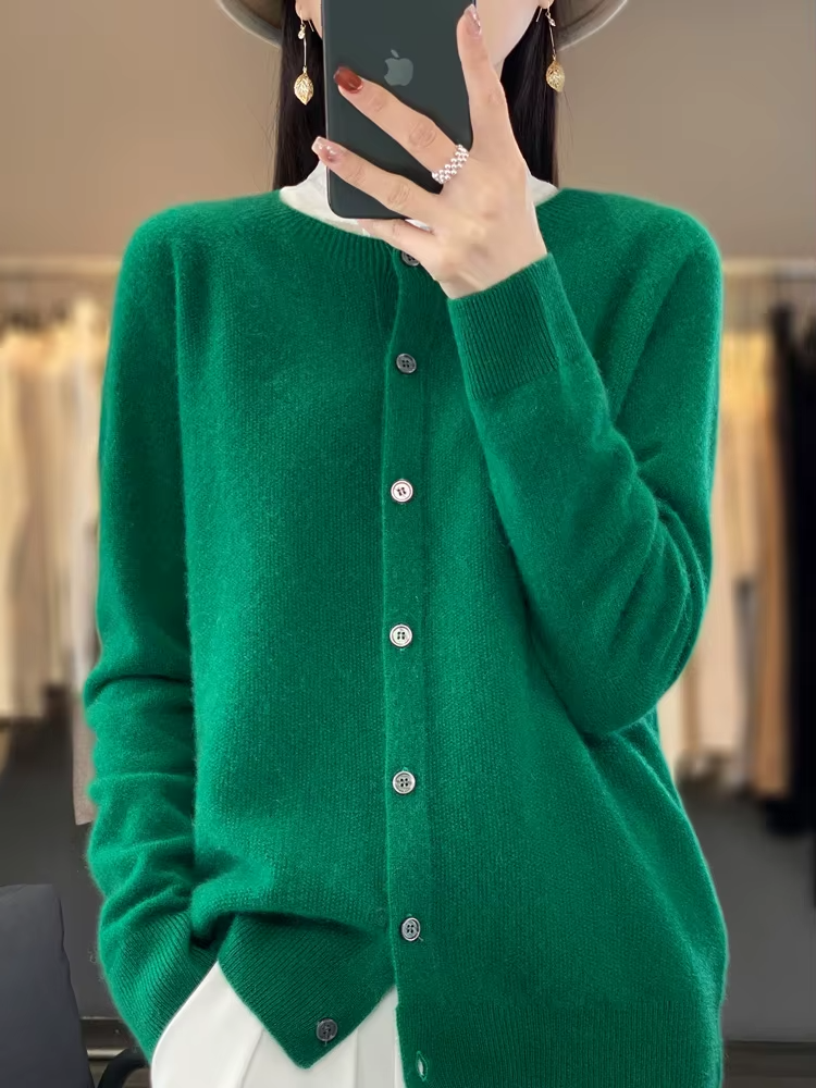 Fashion Women 100% Merino Wool Cardigans Autumn Winter O-neck Long Sleeve Knitwear Female Basic Clothing Tops