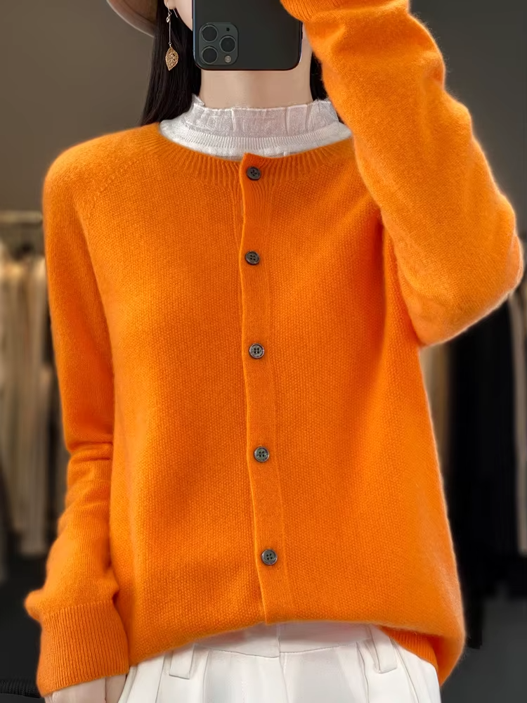 Fashion Women 100% Merino Wool Cardigans Autumn Winter O-neck Long Sleeve Knitwear Female Basic Clothing Tops