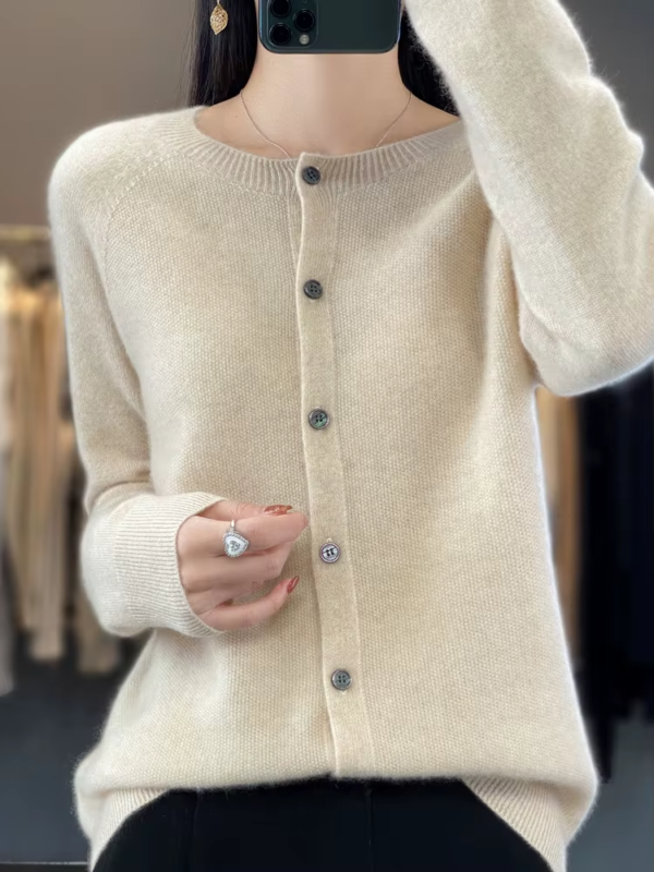 Fashion Women 100% Merino Wool Cardigans Autumn Winter O-neck Long Sleeve Knitwear Female Basic Clothing Tops